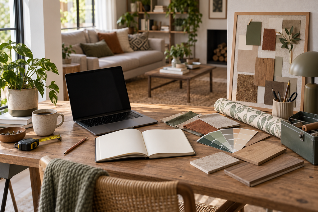 Bureau de planification avec échantillons de matériaux pour un projet de rénovation énergétique avant achat immobilier