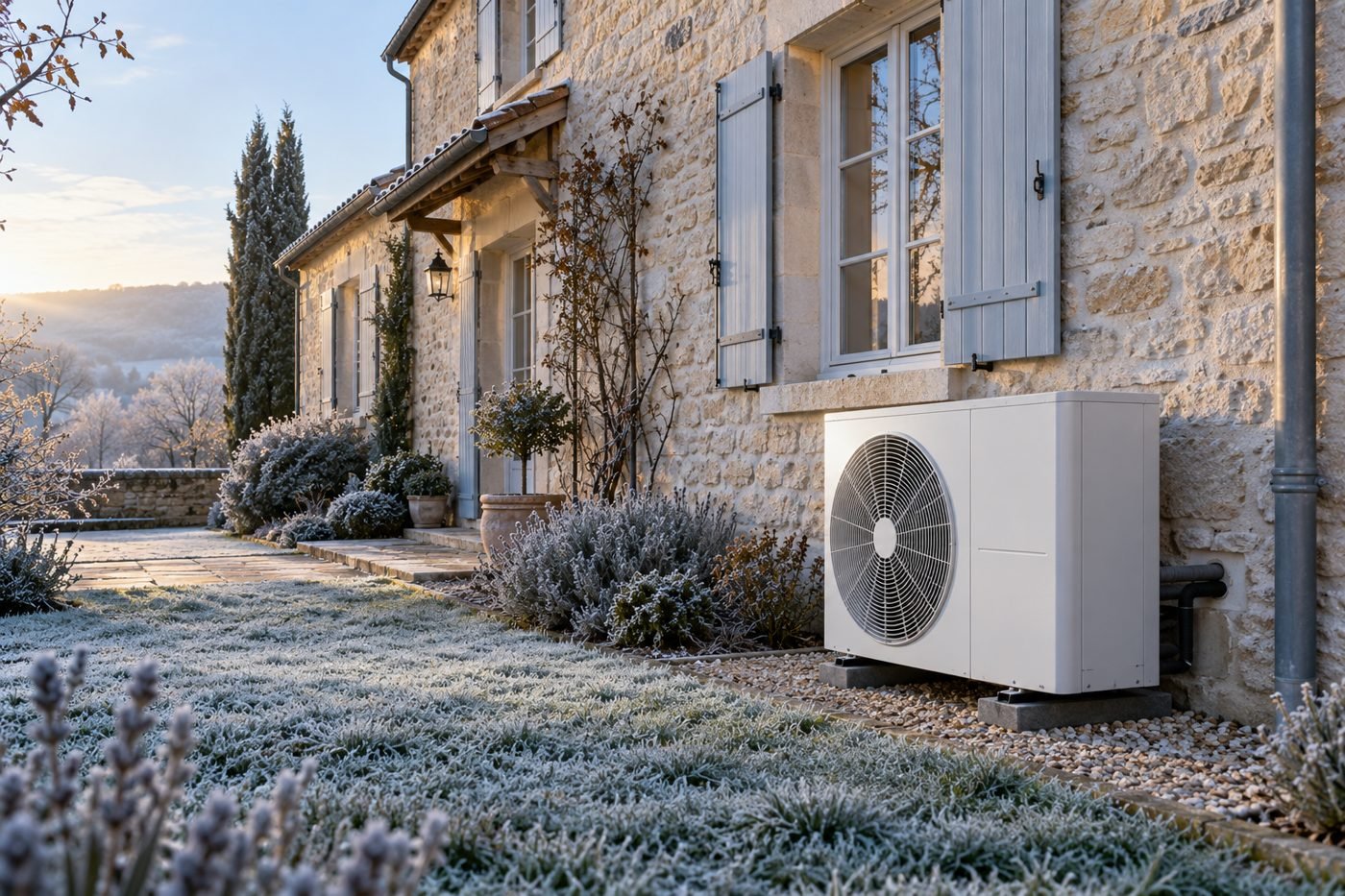 Pompe à chaleur air/eau installée contre le mur d'une maison en pierre un matin d'hiver givré