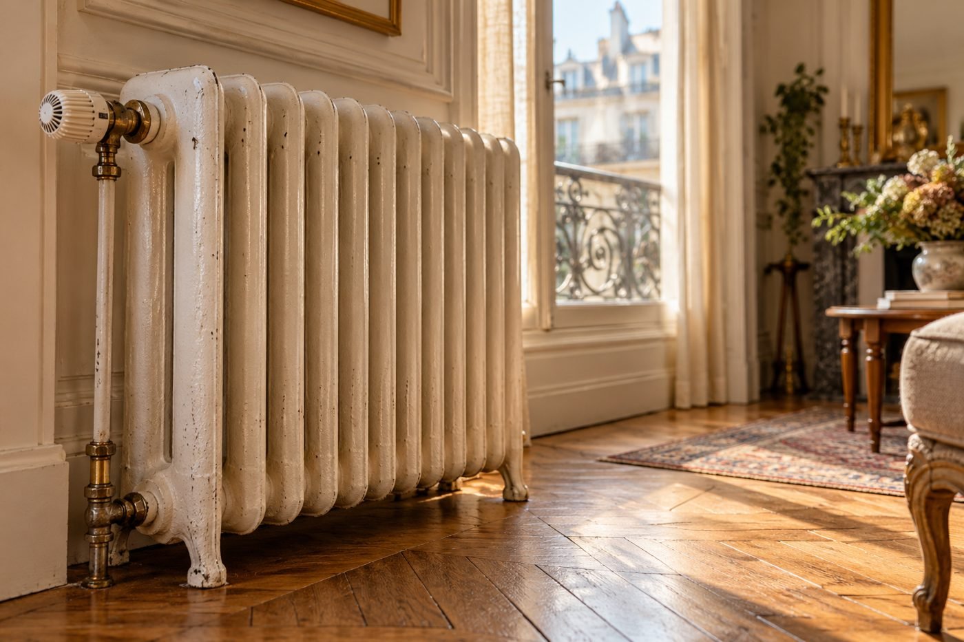 Ancien radiateur à eau chaude en fonte avec robinet thermostatique dans un salon à parquet