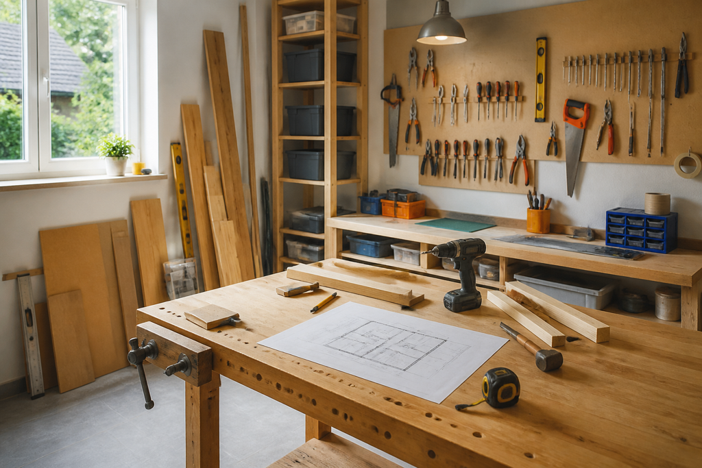 Pièce en cours de rénovation avec matériaux bien organisés