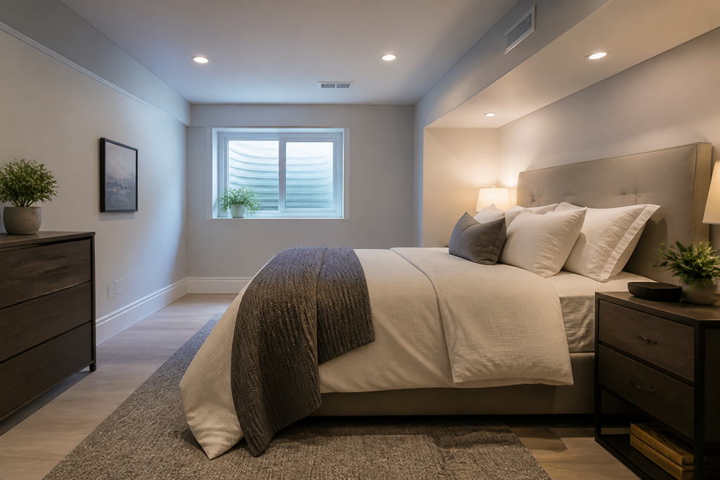 Sous-sol aménagé en chambre confortable après une rénovation énergétique