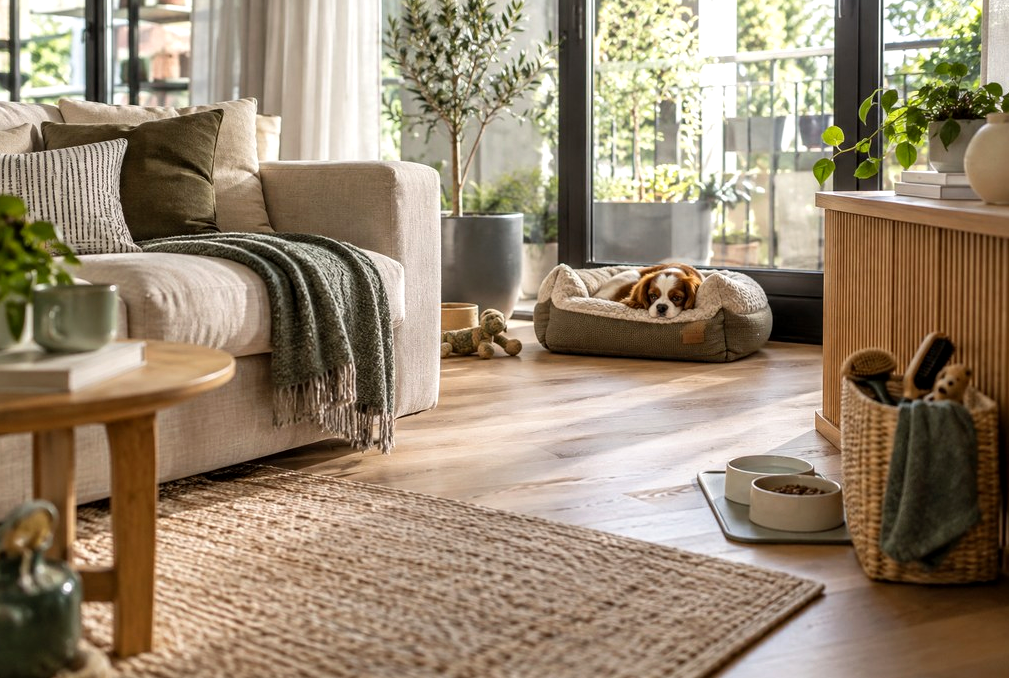 Salon rénové d'une maison ancienne avec un chien au repos, illustrant le confort recherché après des travaux de rénovation énergétique